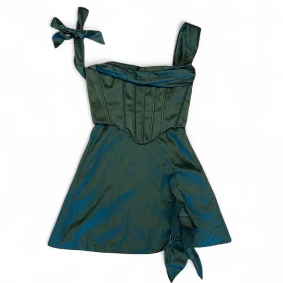 Oh Polly off shoulder corset mini dress in teal - Picture 3 of 6